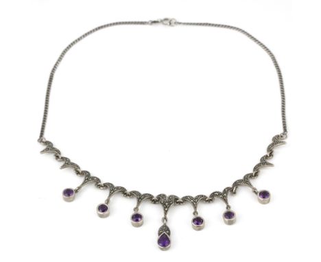 A 925 silver amethyst and marcasite necklace, L. 41cm.