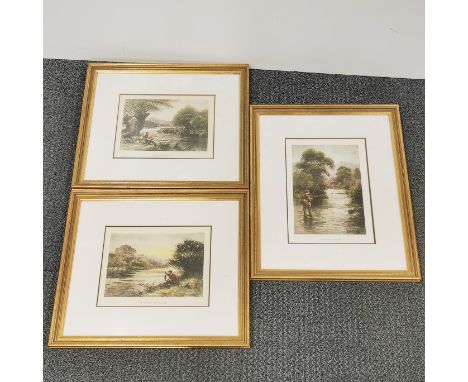 Three gilt framed fishing prints, largest 39cm x 49cm.