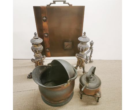 A pair of gilt brass andirons with an Art Deco fire screen, copper coal scuttle etc.