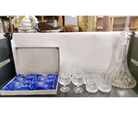 A boxed set of Edinburgh crystal sherry glasses together with Stewart crystal brandy goblet, cut crystal whiskey tumbler, and