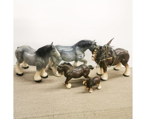 Five ceramic models of horses including SylvaC (repaired) and Melba.