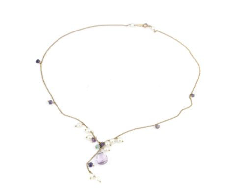 A 14ct yellow gold necklace set with pearls, amethysts, sapphires and emerald, L. 45cm.
