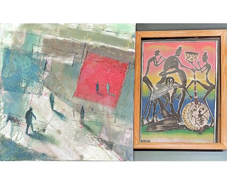 An unframed oil on canvas, size 50cm x 50cm, together with a framed coloured sand on paper of tribal dancing.