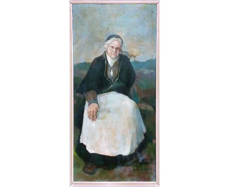 Karolina Larusdottir (Icelandic, 1944-2019), oil on board large painting of a lady, size 128cm x 67cm.