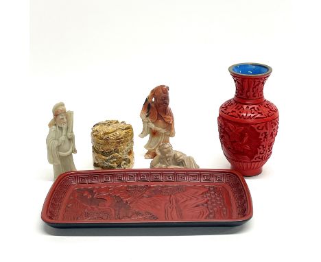 A Chinese cinnabar tray and vase together with three carved stone figures and a stone box, vase H. 13cm.