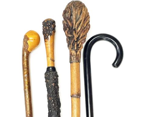 A natural bamboo walking stick together with two natural walking sticks and a polished stick.