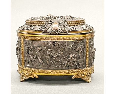 A 19thC French silk lined bronze casket, H. 12cm, W. 16cm.