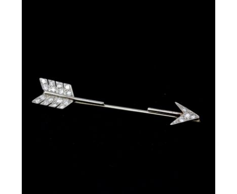 A boxed white metal (tested high carat gold) diamond set arrow stick pin, L. 5.5cm.