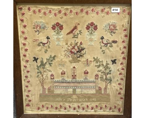 An oak framed 1848 sampler, frame size 62 x 67cm.