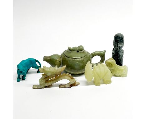 A Chinese jade/hardstone teapot, L. 13cm, together with five other items.