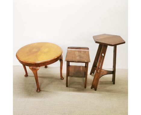 A round mahogany veneered side table with an oak two tier hexagonal plant stand and a further mahogany veneered side table, p
