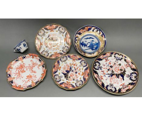 A group of six Royal Crown Derby cabinet plates, largest Dia. 28cm. Together with a Japanese cup and saucer.