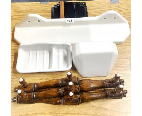 A group of vintage ceramic bathroom items, shelf W. 55cm. Together with a folding hat rack.