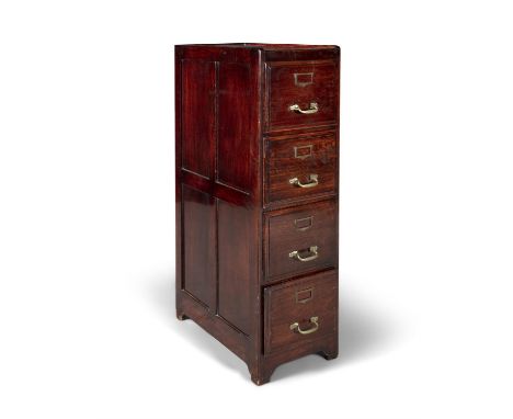 AN EDWARDIAN STAINED WOOD AND BRASS MOUNTED FILING CHEST, of upright rectangular shape, fitted with four deep box drawers on 