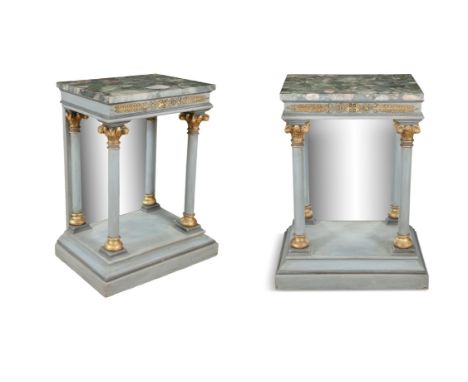 A PAIR OF 19TH CENTURY MARBLE TOP CONSOLE TABLES, of rectangular form, each with green 'pudding stone' marble panels, over na