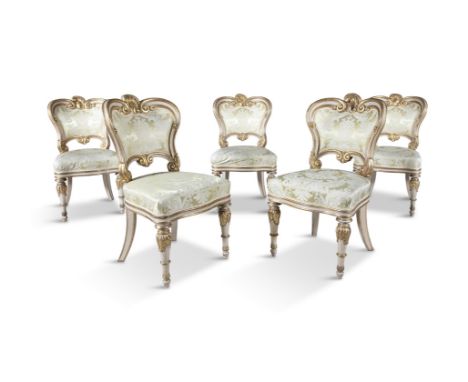 A SET OF FIVE WILLIAM IV WHITE PAINTED PARCEL GILT SIDE CHAIRS, c.1830, possibly designed by Philip Hardwick and supplied by 