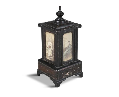 A JAPANESE EBONISED AND MOTHER OF PEARL INLAID NOVELTY CIGAR CASE, in the form of a lantern, each side inset with images of J