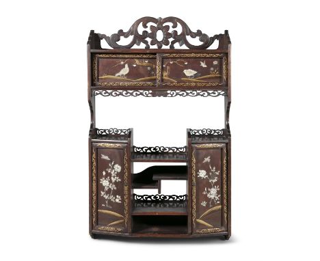 A JAPANESE LACQUERED AND MOTHER OF PEARL HANGING WALL CABINET, late 19th Century, with pierced scroll cresting and decorated 