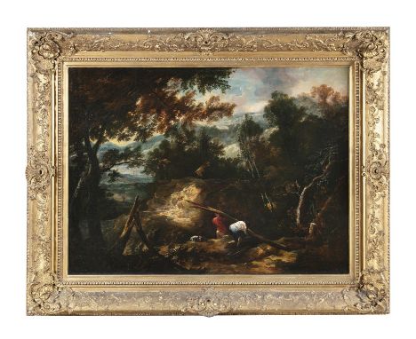 JOHN BUTTS (c.1728 - 1764) A Mountainous Wooded Landscape with figures gathering woodOil on canvas, 94.5 x 128cm Provenance: 