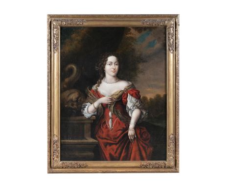 ATTRIBUTED TO MICHAEL VAN MUSSCHER Portrait of a Lady Standing by a Fountain Oil on canvas, 70 x 55cm