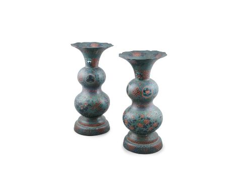 A LARGE PAIR OF JAPANESE CLOSIONNE ENAMEL DOUBLE GOURD VASES, Meiji period 19th century, each with flared rims and domed foot