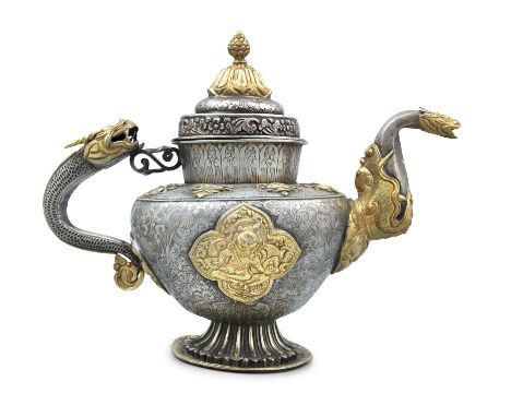 A RARE TIBETAN SILVER AND PARCEL GILT TEAPOT AND COVER, 18th / 19th Century, the detachable top with gilded bud and lotus fin