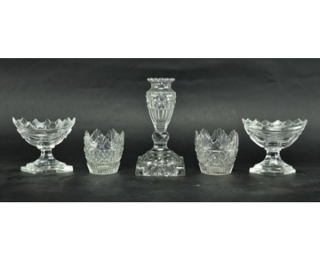 A collection of late 18th and early 19th century cut glass tableware. The lot to comprise a near pair of boat shaped salts fr