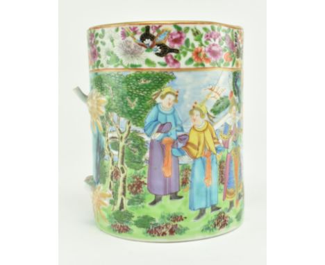 A 19th century Chinese famille rose / verte porcelain medallion mug. The mug featuring bright scenes of ladies &amp; warriors