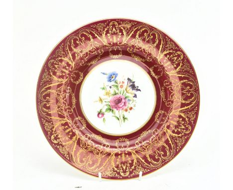 Royal Worcester - a vintage 20th century c1980s-90s china cabinet plate. The plate with gilt and maroon edge and central flor