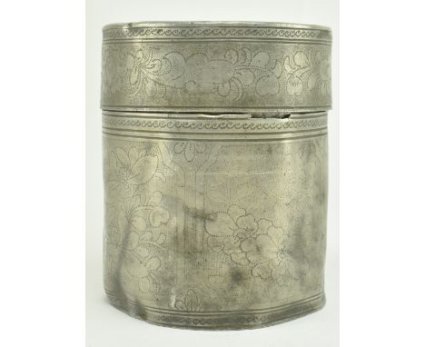 An early 20th century Chinese Republic pewter tea caddy. The caddy cylindrical in form, featuring engraved bird to the lid an