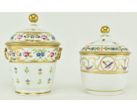 A late 18th century circa 1795 Leboeuf porcelain lidded pot, along with a 19th century porcelain de Paris similar example. Ea