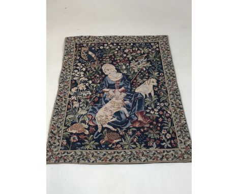 An old french tapestry depicting a seated lady and animals W:44cm x H:58cm