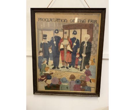 A large tapestry of Tiverton Proclamation of the fair.  W:60cm x H:76cm