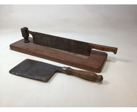 A vintage bread cutter on board together with a vintage Elwell military cleaver dated 1943W:62cm x D:19cm Bread cutter