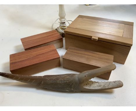 Wooden boxes also with a onyx lamp and a soapstone alligator. 