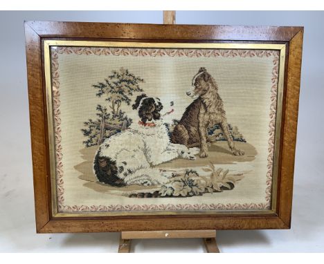 A large tapestry of dogs in maple frame with gilt mount. W:83cm x H:65cm
