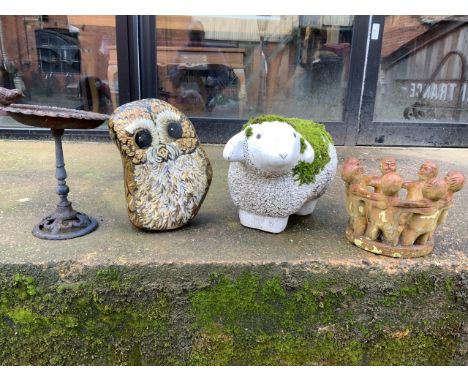 A Heavy stone hand painted owl garden ornament also with a pottery sheep with moss, bird bath and planter. Sheep H:27cm