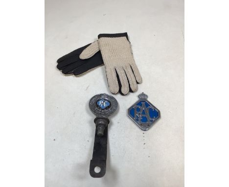 Two vintage RAC signs together with a pair of string back driving gloves. Smaller sign has cork back and has been converted t