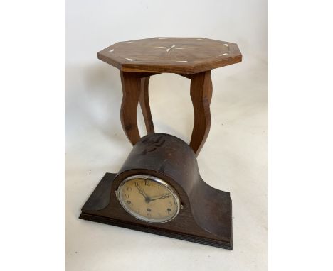 A dome topped large mantle clock also with an inlaid octagonal occasional table. W:40cm x D:40cm x H:40cm