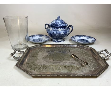 Copeland late Spode turine a large plated tray and sugar nips also with a large glass vase. 