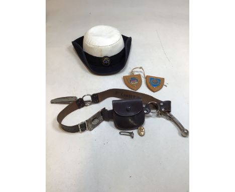 Girl Guide interest. A vintage Sea Rangers hat, a leather belt with Guide knife, badge and pouch, and two wooden plaques