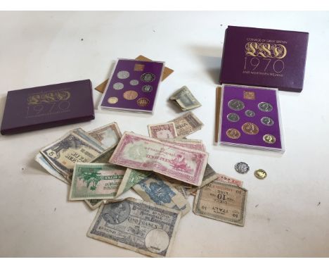 Two cased sets of 1970 coinage of  Great Britain tighter with with vintage bank notes 