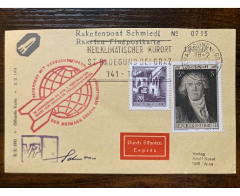 Friedrich Schmiedl Rocket Pioneer signed Rocket Mail 1971 Austrian cover Raketenpost Schmiedl Rocket Post postcards with Herm
