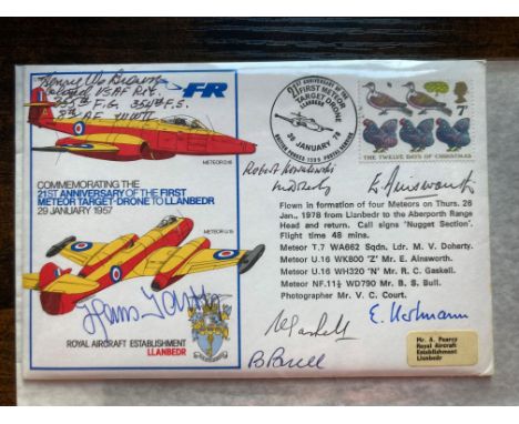 WW2 Top all time Ace Erich Hartmann multiple signed RAF flown cover. C53ag3 21st Anniv 1st Meteor Target - Drone to Llanbedr 