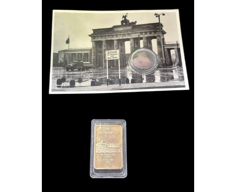 Military collection, commemorative WW2 German Die Bismarck marine bullion and vintage postcard Brandenburg Gate with piece of