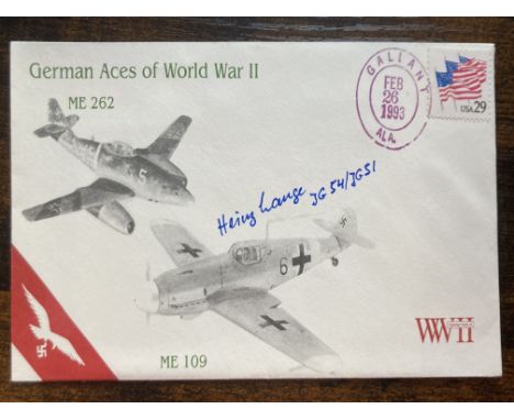 Luftwaffe ace Heinz Lange JG54 signed ME109 German aces of WW2 cover. Good condition. All autographs come with a Certificate 