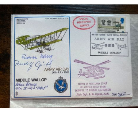 Sc2a RAF Middle Wallop Signed Luftwaffe Aces O Romm, R Opitz, F Lang. 26 Jul 69 Middle Wallop Flown in Westland Scout Helicop