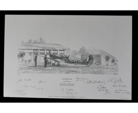 Multi signed limited edition print 43/300 titled Duxford 1940 by Simon Atack. Multi signed by the artist, Air Commodore Peter