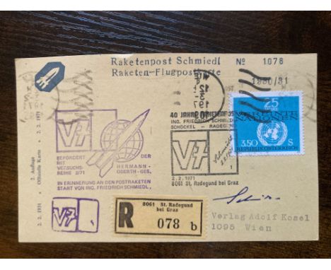Friedrich Schmiedl Rocket Pioneer signed Rocket Mail 1971 Austrian cover Raketenpost Schmiedl Rocket Post postcard with Herma