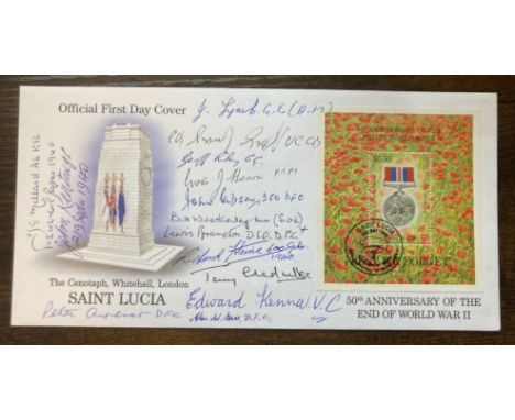 WW2 14 GC, VC, aces signed Cenotaph Saint Lucia FDC. Includes Quentin Smythe VC, Edward Kenna VC, J Lynch GC, G Riley GC, Ton